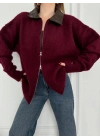 Deri Yakalı Pamuk dokulu Çift Taraflı Çalışan Fermuar Ceket - Bordo -
