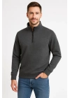Dik Yaka Sweatshirt Dik Yaka Yarım Fermuarlı 3 İplik Şardonlu Pamuk Kumaş - Antrasit -