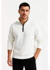 Dik Yaka Sweatshirt Dik Yaka Yarım Fermuarlı 3 İplik Şardonlu Pamuk Kumaş - Beyaz -