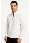 Dik Yaka Sweatshirt Dik Yaka Yarım Fermuarlı 3 İplik Şardonlu Pamuk Kumaş - Beyaz -