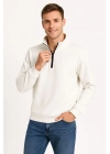 Dik Yaka Sweatshirt Dik Yaka Yarım Fermuarlı 3 İplik Şardonlu Pamuk Kumaş - Beyaz -