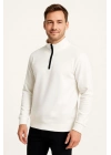 Dik Yaka Sweatshirt Dik Yaka Yarım Fermuarlı 3 İplik Şardonlu Pamuk Kumaş - Beyaz -