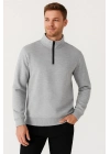 Dik Yaka Sweatshirt Dik Yaka Yarım Fermuarlı 3 İplik Şardonlu Pamuk Kumaş - Gri -