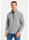 Dik Yaka Sweatshirt Dik Yaka Yarım Fermuarlı 3 İplik Şardonlu Pamuk Kumaş - Gri -