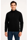 Dik Yaka Sweatshirt Dik Yaka Yarım Fermuarlı 3 İplik Şardonlu Pamuk Kumaş - Siyah -
