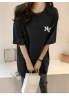 Eğlenceli Harf NY Baskılı Bisiklet Yaka Tişört - Siyah -