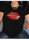 fermuar dudak baskılı tişört bisiklet yaka kısa kollu tişört - Siyah -