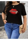 fermuar dudak baskılı tişört bisiklet yaka kısa kollu tişört - Siyah -