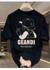 Geniş Kesim Pamuklu Tişört - GANDHI The Project Baskılı,- Siyah -