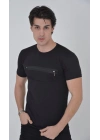 Göğüste Fermuar Aksesuarlı Dar Kalıp T-Shirt - Siyah -