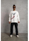 Güvercin Baskılı Sweatshirt - Beyaz -