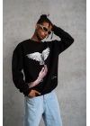 Güvercin Baskılı Sweatshirt - Siyah -