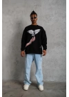 Güvercin Baskılı Sweatshirt - Siyah -