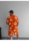 İki İplik Kumaş Baskılı T-shirt Şortlu Takım- Turuncu -