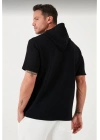 Kapşonlu Kısa Kol Düz Oversize T-shirt - Siyah -
