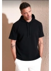 Kapşonlu Kısa Kol Düz Oversize T-shirt - Siyah -