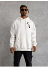 Kapşonlu Uzun Kol Baskılı Sweetshirt - Beyaz -