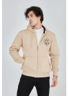 Kapüşonlu Baskılı Fermuarlı Hırka - Bej -