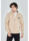 Kapüşonlu Baskılı Fermuarlı Hırka - Bej -