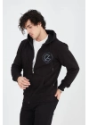 Kapüşonlu Baskılı Fermuarlı Hırka - Siyah -