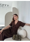 Kısa Kollu Uzun Elbise - Kahve -