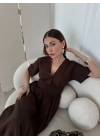 Kısa Kollu Uzun Elbise - Kahve -