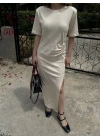 Kısa Kollu Uzun Yandan Yırtmaçlı Elbise - Bej -