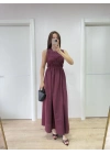 Kolsuz Göğüs Lastıklı %100 Poplin Uzun Elbise - Bordo -