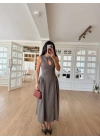 Kolsuz Uzun Kabardin Elbise - Gri -