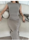 Kolsuz Uzun Likralı Elbise - Gri -
