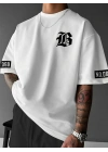 LB Baskılı Ön Arka Oversize Bisiklet Yaka Kısa Kol T-shirt - Beyaz -