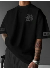 LB Ön Arka Baskılı Oversize Bisiklet Yaka Yazlık T-shirt - Siyah -