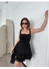 Mini Askılı Elbise - Siyah -