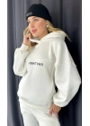 Nakış İşlemeli Üç İplik Sweat Takım- Beyaz -