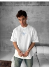 Ön ve Arka Baskılı Oversize Bisiklet Yaka T-shirt- Beyaz -