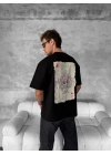 Ön ve Arka Baskılı Oversize Bisiklet Yaka T-shirt - Siyah -
