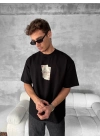 Ön ve Arka Baskılı Oversize Bisiklet Yaka T-shirt - Siyah -
