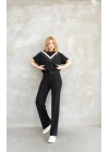 Osy Modal Yumuşak dokulu Kumaş Bisiklet Yaka Parçalı detaylı Kısa Kollu Takım - Siyah -