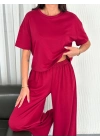 Osy Modal Yumuşak Dokulu Kumaş Bisiklet Yaka T-shirt Bol paça Pantalon ikili Takım -Bordo -