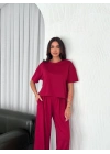 Osy Modal Yumuşak Dokulu Kumaş Bisiklet Yaka T-shirt Bol paça Pantalon ikili Takım -Bordo -