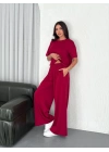 Osy Modal Yumuşak Dokulu Kumaş Bisiklet Yaka T-shirt Bol paça Pantalon ikili Takım -Bordo -