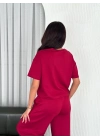 Osy Modal Yumuşak Dokulu Kumaş Bisiklet Yaka T-shirt Bol paça Pantalon ikili Takım -Bordo -