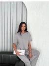 Osy Modal Yumuşak Dokulu Kumaş Bisiklet Yaka T-shirt Bol paça Pantalon ikili Takım - Boyalı Gri -