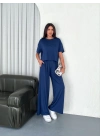 Osy Modal Yumuşak Dokulu Kumaş Bisiklet Yaka T-shirt Bol paça Pantalon ikili Takım -Saks Mavi -