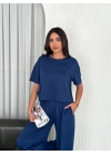 Osy Modal Yumuşak Dokulu Kumaş Bisiklet Yaka T-shirt Bol paça Pantalon ikili Takım -Saks Mavi -