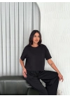 Osy Modal Yumuşak Dokulu Kumaş Bisiklet Yaka T-shirt Bol paça Pantalon ikili Takım -Siyah -