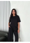 Osy Modal Yumuşak Dokulu Kumaş Bisiklet Yaka T-shirt Bol paça Pantalon ikili Takım -Siyah -