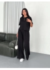 Osy Modal Yumuşak Dokulu Kumaş Bisiklet Yaka T-shirt Bol paça Pantalon ikili Takım -Siyah -