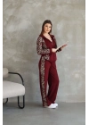 Osy Modal Yumuşak Dokulu Kumaş Kapüşonlu Leopar Desenli Fermuarlı Takım - Bordo -