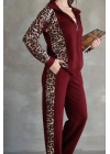 Osy Modal Yumuşak Dokulu Kumaş Kapüşonlu Leopar Desenli Fermuarlı Takım - Bordo -